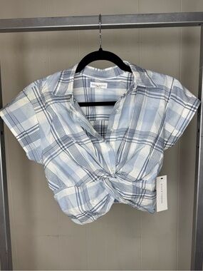 NWT Kendall & Kylie Blue & White Plaid Twist-Front Crop Top Coastal Cowgirl
